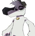  1boy animal_ears animal_nose arms_at_sides backwards_hat baseball_cap black_eyes body_fur commentary darent_z dog doki_(discovery_kids) doki_(discovery_kids)_(character) furry furry_male hat highres looking_at_viewer looking_down male_focus no_humans simple_background solo standing two-tone_fur upper_body white_background white_fur wind 
