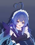  1girl absurdres ahoge animal_ears blue_eyes blue_hair chinese_commentary chushengzhong_de_chuzhongsheng commentary_request deepseek deepseek-tan detached_sleeves fins fish_tail gradient_background heart heart_ahoge highres hugging_object long_hair looking_at_viewer maid maid_headdress multicolored_hair open_mouth smile solo tail 