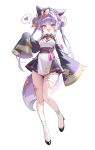  1girl :d absurdres bandaged_leg bandages black_shoes blue_eyes blush breasts cleavage cleavage_cutout clothing_cutout commentary detached_sleeves double_bun dress fang fox_girl full_body grey_hat grey_sleeves hair_bun hair_ornament hat heart heterochromia high_heels highres long_hair long_sleeves multicolored_hair muru_(muru_zi) ofuda ofuda_on_head open_mouth orange_eyes pleated_dress pumps purple_hair raised_inner_eyebrows shoes short_dress simple_background sleeves_past_fingers sleeves_past_wrists small_breasts smile solo speech_bubble spoken_heart stellive straight_hair streaked_hair tail tassel tassel_hair_ornament tenko_shibuki twintails two-tone_dress untranslatable_commentary virtual_youtuber white_background white_streaks wide_sleeves 