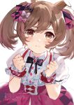  1girl :t animal_ears black_bow black_bowtie bow bowtie brown_eyes brown_hair center_frills closed_mouth collared_shirt frills hair_bow hair_ribbon highres horse_ears horse_girl kita_(kitairoha) looking_at_viewer medium_hair pink_bow pink_skirt pout puffy_short_sleeves puffy_sleeves purple_bow purple_ribbon red_bow ribbon shirt short_sleeves simple_background skirt smart_falcon_(love_4ever)_(umamusume) smart_falcon_(umamusume) solo third-party_source translation_request twintails umamusume white_background white_shirt wrist_cuffs 