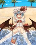  :o adapted_costume bare_shoulders bat_wings beach blue_hair bustier collarbone crab dated day faustsketcher hat low_wings no_bra outdoors palm_tree panties partially_submerged pointy_ears red_eyes remilia_scarlet short_hair side-tie_panties sitting solo spread_legs staring stick thighhighs touhou tree underwear water watermark web_address white_legwear wings 