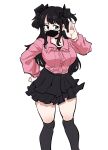  1girl black_hair black_ribbon black_skirt black_thighhighs blue_eyes breasts center_frills collared_shirt dinoyhs dress_shirt frilled_shirt_collar frills hair_ribbon hand_on_own_hip highres jirai_kei layered_skirt long_hair long_sleeves mask medium_breasts mouth_mask original over-kneehighs pink_shirt pleated_skirt puffy_long_sleeves puffy_sleeves ribbon shirt simple_background skirt solo standing thighhighs two_side_up very_long_hair white_background 