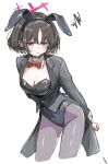  1girl animal_ear_hairband animal_ears black_hair black_leotard black_pantyhose black_suit blue_archive bow bowtie breasts cleavage closed_mouth commentary_request cowboy_shot detached_collar fake_animal_ears hairband halo himmel_gewalt leaning leotard looking_at_viewer misaki_(blue_archive) pantyhose playboy_bunny rabbit_ear_hairband rabbit_ears red_bow red_bowtie red_eyes red_halo short_hair simple_background small_breasts solo suit white_background 