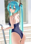  1girl absurdres amaama_(beccyonaika1) aqua_eyes aqua_hair ass breasts commentary_request from_behind hatsune_miku highres long_hair looking_back medium_breasts one-piece_swimsuit solo swimsuit twintails vocaloid 