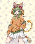  1girl absurdres animal_ears beeebx belt cat_ears cat_girl cat_tail collar full_body goggles goggles_on_head green_eyes green_hair gumi highres hood hoodie long_sleeves looking_at_viewer orange_hoodie orange_shoes patterned_background shirt shoes short_hair skirt socks solo tail vocaloid white_skirt white_socks 