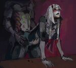  absurdres arm_support biting_own_lip blush commentary cowboy_shot cyborg genji_(overwatch) groooonz_draw heart hetero highres horns overwatch red_eyes sex sex_from_behind shion_(overwatch) standing standing_doggystyle standing_sex table white_hair 