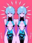  2girls arms_behind_back blue_eyes blue_hair braid breasts center_opening commentary dress highres long_hair looking_at_viewer minminmince multiple_girls no_panties o-ring_dress original pelvic_curtain print_dress red_background revealing_clothes siblings standing symmetry tentacle_print twin_braids twins 