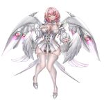  1girl absurdres bare_shoulders blush breasts chinese_commentary cleavage commentary_request detached_sleeves dress feathered_wings grey_nails hair_intakes hair_ornament hand_on_own_chest high_heels highres large_breasts liziyao long_sleeves looking_at_viewer mechanical_wings medium_hair multiple_wings outstretched_arm panties pink_eyes pink_hair pointy_ears remielle_dan short_dress simple_background smile solo thaumiel_(zenless_zone_zero) thighhighs underwear white_background white_dress white_panties white_sleeves white_thighhighs white_wings wings zenless_zone_zero 