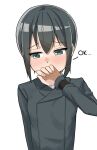  1girl absurdres akts625 aqua_eyes black_hair black_jacket blush breasts collared_shirt commentary covering_own_mouth embarrassed facing_viewer hand_over_own_mouth highres jacket kino_(kino_no_tabi) kino_no_tabi long_sleeves looking_down raised_inner_eyebrows reverse_trap shirt short_hair simple_background small_breasts solo upper_body white_background white_shirt 