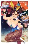 1girl alternate_costume animal_ear_hairband animal_ears artist_name black_bow black_bowtie blue_hairband blue_leotard body_freckles border bow bowl bowtie bracelet breasts brown_eyes brown_hair chest_freckles chun-li cleavage colored_shoe_soles commentary confetti detached_collar double_bun earrings egg_(food) english_commentary eyeshadow fake_animal_ears fake_tail fishnet_pantyhose fishnets food freckles hair_bun hair_ribbon hairband high_heels highres irregular_border jewelry kajin_(kajinman) large_breasts leg_up leotard light_blush makeup mole mole_on_breast noodles one_eye_closed pantyhose playboy_bunny rabbit_ear_hairband rabbit_ears rabbit_tail red_eyeshadow ribbon shoes solo sphere_earrings spiked_bracelet spikes standing standing_on_one_leg strapless strapless_leotard street_fighter tail thick_eyebrows variant_set white_border white_ribbon white_shoes 