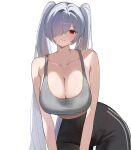  1girl alternate_costume black_pants breasts cinderella_(nikke) cleavage collarbone commentary_request goddess_of_victory:_nikke grey_hair grey_sports_bra highres large_breasts long_hair looking_at_viewer pants qb_00o red_eyes simple_background smile solo sports_bra twintails very_long_hair white_background yoga_pants 