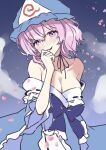  1girl bare_shoulders blue_bow blue_bowtie blue_hat blue_kimono bow bowtie breasts cherry_blossoms cleavage collarbone commentary frilled_kimono frills hair_between_eyes hand_on_own_chin hand_up hat highres japanese_clothes kimono lily-an looking_at_viewer medium_breasts mob_cap off_shoulder parted_lips pink_eyes pink_hair ribbon-trimmed_kimono ribbon_trim saigyouji_yuyuko short_hair smile solo string_around_neck touhou triangular_headpiece upper_body wide_sleeves 