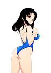  ass black_hair breasts brown_eyes covered_nipples kuriyama_kuriotoko large_breasts long_hair looking_back one-piece_swimsuit original simple_background solo swimsuit 