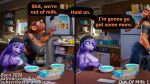 16:9 2026 3d_(artwork) 4k absurd_res anthro bacn bacn_(character) big_breasts blender_(artwork) blender_cycles_(artwork) bottomwear bovid bovine bowl breasts cereal clothed clothing comic container detailed_background dialogue digital_media_(artwork) duo english_description english_text eyewear female fingers fishnet_clothing fishnet_topwear food fully_clothed glasses gynomorph gynomorph/female hair headgear hi_res horn huge_breasts intersex intersex/female kitchen_utensils lagomorph leporid mammal open_mouth purple_hair rabbit smile speech_bubble tail teeth text tools topwear under_boob vic_(bacn) widescreen