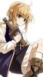  1girl ahoge ankle_boots blonde_hair blunt_bangs boots closed_mouth commentary dress feet_out_of_frame green_eyes grey_boots highres holding holding_sword holding_weapon long_hair mushoku_tensei norn_greyrat ponytail seriro00112 simple_background solo sword weapon white_background wooden_sword 