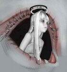  1girl bare_shoulders black_eyes closed_mouth colored_eyelashes colored_skin commentary_request crying eye_focus eyelashes hair_intakes halo highres hollow_eyes liquid_hair long_hair natari original single_tear spaghetti_strap surreal tears white_hair white_halo white_skin 