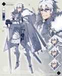  1boy armor artist_logo artist_name belt blue_eyes cape clenched_teeth closed_mouth color_guide commentary_request couter cuisses dagger different_zoom_layer double-parted_bangs frown full_body fur_cape greaves hair_between_eyes holding holding_sword holding_weapon kashia knife knight light_smile logo looking_at_viewer male_focus mismatched_pauldrons multiple_expressions multiple_views original planted planted_sword plate_armor poleyn sabaton short_hair small_sweatdrop solo standing surcoat sword teeth v-shaped_eyebrows vambraces watermark weapon white_armor white_surcoat zoom_layer 