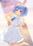  1girl animal_ears ankle arm_up backlighting bare_legs barefoot belt belt_buckle blue_hair blue_necktie blue_ribbon blue_trim breast_pocket bright_pupils buckle button_dress buttons carrot_hair_ornament choker closed_mouth cloud collarbone comiket_108 commentary_request cover cover_page cowboy_shot dot_nose doujin_cover dress evening feet food-themed_hair_ornament gradient_sky hair_ornament hair_ribbon hand_in_own_hair highres hololive horizon leg_up light_blush looking_at_viewer multicolored_hair necktie ocean official_artist_extra orange_sky pendant_choker pleated_dress pocket puffy_short_sleeves puffy_sleeves purple_sky rabbit-shaped_pupils rabbit_ears rabbit_girl rabbit_tail red_eyes ribbon romaji_text sailor_collar sailor_dress short_dress short_eyebrows short_hair short_sleeves short_tail sky smile solo streaked_hair symbol-shaped_pupils tail thick_eyebrows title toes tucking_hair twilight two_side_up usada_pekora usada_pekora_(casual) virtual_youtuber water_drop white_belt white_choker white_dress white_pupils white_sailor_collar white_streaks white_tail yuuki_hagure 