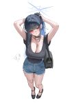  1girl absurdres adjusting_hair alternate_costume bag black_choker black_shirt black_shoes blue_archive blue_eyes blue_hair blue_halo blue_shorts breasts choker commentary denim denim_shorts full_body hair_intakes halo high_ponytail highres holding holding_bag kono_(xerondan321) large_breasts long_hair looking_at_viewer multicolored_hair ponytail saori_(blue_archive) shirt shoes shorts simple_background solo two-tone_hair very_long_hair white_background 