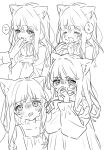  1girl 1other animal_ear_fluff animal_ears bare_shoulders blunt_bangs blush cat_ears cat_girl closed_eyes collarbone commentary_request crying dress drooling gauze gauze_on_cheek greyscale hair_intakes heavy_breathing highres kumiki_hp long_hair long_sleeves monochrome multiple_views nose_blush open_mouth original simple_background sketch sleeveless sleeveless_dress tears white_background 