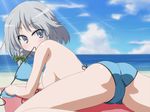  ass back beach bikini bikini_top_removed breasts cloud day grey_eyes izayoi_sakuya masara medium_breasts mouth_hold ocean outdoors silver_hair sky solo swimsuit topless touhou 