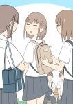  >_< 2boys 3girls backpack bag blue_background blush closed_eyes collared_shirt commentary_request crossed_arms dress_shirt grey_skirt juukyuu kanako_(juukyuu) motion_lines multiple_boys multiple_girls on_bench original parted_lips pleated_skirt school_bag school_uniform shirt sitting skirt small_sweatdrop sweat tomo_(juukyuu) two-tone_background v-shaped_eyebrows white_background white_shirt yui_(juukyuu) 
