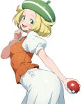  1girl absurdres ass bianca_(pokemon) blonde_hair blush breasts commentary_request green_eyes green_hat hat highres holding holding_poke_ball medium_breasts nishizuki_shino open_mouth orange_vest poke_ball poke_ball_(basic) pokemon pokemon_black_and_white shirt short_hair simple_background skirt smile teeth upper_teeth_only vest white_background white_shirt white_skirt 