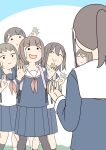  6+girls :> :d ^_^ aki_(juukyuu) azusa_(juukyuu) blue_sailor_collar blue_serafuku blue_shirt blue_skirt blush brown_background brown_pantyhose chihiro_(juukyuu) closed_eyes closed_mouth commentary_request grey_socks juukyuu long_sleeves multiple_girls mutsumi_(juukyuu) neckerchief original pantyhose pink_neckerchief pleated_skirt riko_(juukyuu) sailor_collar school_uniform serafuku shirt short_sleeves skirt small_sweatdrop smile socks sweat two-tone_background v-shaped_eyebrows white_background white_sailor_collar white_shirt white_socks yuu_(juukyuu) 