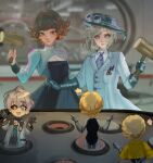  2girls atomic_heart black_dress black_hat blurry blurry_background boater_hat breasts brown_eyes brown_hair character_doll cleavage cleavage_cutout clothing_cutout coat doll dress earrings gloves goggles goggles_on_headwear grey_gloves grey_hair grey_necktie grey_sleeves hair_bun hairband hammer hat highres holding holding_hammer indoors jewelry lab_coat left_(atomic_heart) mesmer_jr. multiple_girls necktie official_alternate_costume parted_lips red_hairband reverse:1999 right_(atomic_heart) shirt short_hair single_side_bun siren_baroque vertin_(reverse:1999) whac-a-mole white_coat white_shirt x_(reverse:1999) 