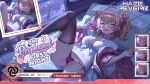  1girl ahoge bed black_thighhighs blonde_hair blue_eyes blush breasts cleavage commentary english_commentary food front-tie_top fruit haze/reverb head_on_pillow highres holding holding_food holding_fruit long_hair looking_at_viewer lying medium_breasts official_art on_back on_bed open_mouth panties peach pillow purple_panties side-tie_panties skindentation smile solo spread_legs thick_thighs thighhighs thighs tsukumo_tamaki twintails underwear 