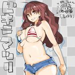  america american_flag_bikini bad_id bad_pixiv_id bikini breasts brown_eyes brown_hair flag_print grin large_breasts matsuri_(teriyaki) mole mole_on_breast original sharp_teeth short_shorts shorts smile solo swimsuit teeth teriyaki 