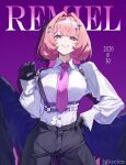  1girl alternate_costume black_bow black_gloves black_pants black_wings blueles bow breasts character_name collared_shirt commentary_request cowboy_shot dated english_text feathered_wings gloves grin hair_bow hair_intakes hair_ornament hairclip hand_on_own_hip highres large_breasts looking_at_viewer low_wings medium_hair necktie pants pink_hair pointy_ears purple_background purple_eyes purple_necktie remielle_dan remielle_dan_(moonlight_whispers) revision shadow shirt smile solo standing star_(symbol) star_hair_ornament suspenders white_shirt wings zenless_zone_zero 