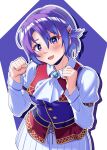  1girl absurdres aizin23 aqua_gem arm_belt ascot blue_vest bob_cut breasts brooch clenched_hands collared_shirt commentary curtained_hair drop_shadow eiyuu_densetsu english_commentary gem hair_between_eyes hair_ornament hairclip hands_up head_tilt highres jewelry juliet_sleeves kloe_rinz leather_belt light_blush long_sleeves looking_at_viewer medium_breasts open_mouth parted_bangs pleated_skirt puffy_sleeves purple_background purple_eyes purple_hair purple_vest school_uniform shirt short_hair sidelocks simple_background skirt smile solo sora_no_kiseki thick_eyelashes two-tone_background upper_body vest waistcoat white_ascot white_background white_shirt white_skirt 