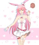 1girl animal_ears breasts cleavage cleavage_cutout clothing_cutout commentary dress fishnet_thighhighs fishnets fox_ears gloves hat heart highres honkai_(series) honkai_impact_3rd long_hair looking_at_viewer medium_breasts nurse nurse_cap pink_eyes pink_hair single_thighhigh solo spoken_heart thighhighs untranslatable_commentary white_dress white_gloves yae_sakura yae_sakura_(gyakushinn_miko) yae_sakura_(summer_sakura) yichuanxue 