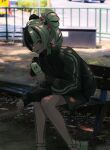  1girl alternate_costume black_hair blush braid cellphone commentary_request day dialyn_(zenless_zone_zero) flip_phone full_body hair_ornament highres holding holding_phone ikanoshiokara jacket long_hair looking_at_viewer multicolored_hair open_mouth outdoors phone screenshot_background shorts sitting smile solo split-color_hair track_jacket white_hair yellow_eyes zenless_zone_zero 