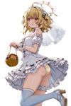  1girl :q ahoge alternate_costume ass bag blonde_hair blue_thighhighs blush breasts bridal_veil closed_mouth dress foot_out_of_frame frilled_dress frilled_sleeves frilled_thigh_strap frills halo handbag highres hinata_mashu holding holding_bag large_variant_set looking_at_viewer looking_to_the_side medium_breasts miso_panda nanashi_inc. off-shoulder_dress off_shoulder orange_eyes orange_halo panties ribbon-trimmed_dress ribbon_trim shoes short_hair short_sleeves simple_background smile solo standing standing_on_one_leg thigh_strap thighhighs tongue tongue_out transparent_background two_side_up underwear variant_set veil virtual_youtuber wedding_dress white_dress white_shoes wrist_cuffs yellow_panties 