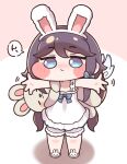  1girl animal_ear_hairband animal_ears animal_slippers bare_shoulders black_hair blue_bow blue_eyes blue_ribbon bow bunny_slippers carry_me chibi commentary_request fake_animal_ears fewer_digits full_body hairband highres long_hair looking_at_viewer mayo_(trickcal) outstretched_arms pajamas rabbit_ear_hairband rabbit_ears ribbon slippers stuffed_animal stuffed_toy suwa_yasai trickcal white_hairband white_pajamas white_slippers wings 