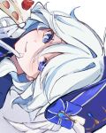  1girl ahoge artist_name blue_eyes blue_gem blue_hair blue_hat blue_jacket blue_pupils blue_shirt blush cake cake_slice closed_mouth colored_inner_hair commentary_request drill_hair drill_sidelocks drop-shaped_pupils eyelashes food food_on_face fruit furina_(genshin_impact) gem genshin_impact gloves hair_between_eyes hand_up haru_sakura3915 hat hat_ornament heterochromia highres holding holding_cake holding_food huge_ahoge icing index_finger_raised jacket jewelry licking_lips looking_at_viewer mismatched_pupils multicolored_hair pendant shirt short_hair sidelocks simple_background smile solo strawberry symbol-shaped_pupils tongue tongue_out top_hat wavy_hair white_background white_gloves white_hair 