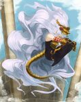  1girl absurdres akumesik armor black_bodysuit blue_sky bodysuit breastplate commentary_request curled_up elbow_gloves gauntlets gloves granblue_fantasy grey_hair headpiece highres knees_up long_hair medusa_(shingeki_no_bahamut) midair pointy_ears purple_eyes shadowverse shingeki_no_bahamut sky snake_tail solo tail very_long_hair 