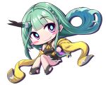  1girl amatsukaze_(azur_lane) aqua_eyes aqua_hair azur_lane bare_shoulders black_dress blush_stickers braid chibi chibi_only commentary_request dress geo_(yukishitadou) grin highres horns jacket japanese_clothes long_hair looking_at_viewer multicolored_hair purple_eyes purple_streaks short_dress simple_background single_horn smile solo streaked_hair white_background yellow_jacket 