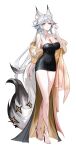  1girl absurdres alternate_costume animal_ear_fluff barefoot black_dress breasts chest_tattoo chuvi_y closed_mouth commentary dress english_commentary fox_tail full_body hand_up highres hsin_(wuthering_waves) large_breasts looking_at_viewer mole mole_under_eye orange_eyes simple_background smile solo standing tail tattoo white_background wuthering_waves 