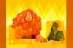  2girls blonde_hair blush breasts cleavage cleavage_cutout clothing_cutout colored_skin commentary english_commentary fat fingerless_gloves freckles gem gem_(steven_universe) gloves green_skin highres hologram holographic_touchscreen homeworld_gem_uniform lips long_hair multiple_girls open_mouth original peridot_facet_6c4t_cut_2xj pink_hair puffy_sleeves ringlets rose_quartz_facet_5_cut_5xl science_fiction sketch smile steven_universe thefaeriemerchant upper_body 
