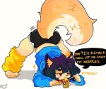 4_toes 5_fingers 6:5 anthro artist_name ass_up athletic_wear bell bell_collar black_gym_shorts blue_clothing blue_hoodie blue_topwear bottomwear chopsticks clothing collar colored dialogue domestic_cat eating eating_food english_text eyebrows feet felid feline felis female fingers food fur fuuki_art gym_bottomwear gym_shorts hair hi_res holding_chopsticks holding_object hoodie inner_ear_fluff instant_noodles jack-o'_pose leg_warmers legwear line_art mammal motion_outline naomi_(fuuki_art) noodles orange_eyes pose purple_hair red_collar shaded shorts simple_background solo speech_bubble tail tan_body tan_fur text toes topwear tuft white_background