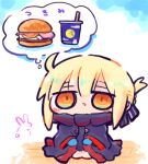  1girl artoria_pendragon_(fate) black_robe blonde_hair blue_gloves blush_stickers braid chibi closed_mouth commentary_request cup disposable_cup drinking_straw egasumi fate/grand_order fate_(series) full_body gloves hair_between_eyes kasuga_yuuki long_sleeves mysterious_heroine_x_alter_(fate) mysterious_heroine_x_alter_(third_ascension)_(fate) orange_eyes robe saliva solo spoken_food tsukimi_burger wide_sleeves 