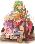  1boy 2girls :o animal animal_on_head armored_boots black_unitard blue_eyes blue_hat blue_jumpsuit boots brown_boots brown_gloves commentary_request crop_top curtained_hair dress earrings feena_(grandia) fingerless_gloves gloves goggles goggles_on_head grandia grandia_i green_eyes green_hair hair_ornament hair_tubes hat head_rest highres holding holding_sword holding_weapon jewelry jumpsuit justin_(grandia) long_hair long_sleeves looking_at_viewer low-tied_long_hair lying medium_hair multiple_girls on_head orange_hair orange_shirt pink_dress pink_skirt planted planted_sword puffy_sleeves purple_hair puui_(grandia) red_boots red_scarf red_thighhighs scabbard scarf sheath sheathed shirt short_jumpsuit sitting skirt smile sphere_earrings stamac_jack sue_(grandia) sword thighhighs weapon white_sleeves wide_sleeves 