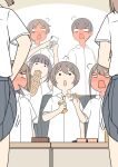  2boys 6+girls ^^^ arm_up baguette bendy_straw bikini blank_eyes blood blush bread brown_background brown_hair cellphone clothes_lift collared_shirt commentary_request desk dress_shirt drink_carton drinking_straw food food_in_mouth full-face_blush grey_skirt hair_between_eyes hana_(juukyuu) holding holding_phone implied_pantyshot juice juice_box juukyuu kaede_(juukyuu) kanako_(juukyuu) lifting_own_clothes milk milk_carton multiple_boys multiple_girls nosebleed original phone pleated_skirt school_desk school_uniform shirt side-tie_bikini_bottom skirt skirt_lift solid_circle_eyes spit_take spitting swimsuit tomo_(juukyuu) two-tone_background v-shaped_eyebrows wakana_(juukyuu) white_background white_shirt yui_(juukyuu) 