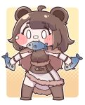  1girl ahoge animal_ears bandages bear_ears bear_girl beni_(trickcal) blank_eyes boots brown_boots brown_hair brown_shirt brown_skirt capelet chibi commentary_request fish fish_in_mouth food fur_capelet fur_trim highres medium_hair shirt simple_background skirt solo suwa_yasai trickcal 