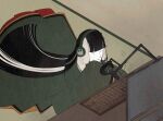  1girl black_hair blunt_bangs commentary computer_keyboard dress green_dress grey_hair headphones highres hololive hololive_dev_is juufuutei_raden juufuutei_raden_(1st_costume) long_hair long_sleeves lying microphone monitor multicolored_hair nihonga on_stomach pop_filter sleeves_past_fingers sleeves_past_wrists solo streaked_hair tatami two-tone_hair ukiyo-e umeko_jiji untranslatable_commentary very_long_hair virtual_youtuber wide_sleeves yatagarasu 