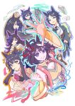  6+girls ahoge ancha_(anchabubz) animal_ears ascot bandaid bandaid_on_face bandaid_on_nose bare_shoulders belt black_coat black_gem black_gloves black_hair black_jacket black_necktie blue_eyes blue_flower blue_hat blue_jacket blue_rose blunt_bangs blush breasts brown_belt brown_hair calstone_light_o_(one_true_path)_(umamusume) calstone_light_o_(umamusume) center_frills center_opening chest_sarashi cleavage cleavage_cutout closed_mouth clothing_cutout coat collared_shirt commentary detached_sleeves dress ear_covers ear_tag earrings eishin_flash_(meisterschaft)_(umamusume) eishin_flash_(umamusume) english_commentary fingerless_gloves flipped_hair flower frilled_shirt frills fuji_kiseki_(shooting_star_revue)_(umamusume) fuji_kiseki_(umamusume) fur_choker gem gloves grin hair_between_eyes hair_over_one_eye hat hat_flower highres horse_ears horse_girl jacket jewelry kitasan_black_(gilded_shrine_to_glory)_(umamusume) kitasan_black_(umamusume) kouhaku_nawa large_breasts long_hair long_hair_between_eyes long_sleeves looking_at_viewer manhattan_cafe_(creeping_shadow)_(umamusume) manhattan_cafe_(umamusume) medium_breasts mouth_hold multicolored_hair multiple_girls narita_brian_(maverick)_(umamusume) narita_brian_(umamusume) necktie off-shoulder_dress off_shoulder open_mouth ponytail purple_eyes red_ascot red_eyes rice_shower_(rosy_dreams)_(umamusume) rice_shower_(umamusume) rope rose sarashi shimenawa shirt short_hair single_earring smile stalk_in_mouth streaked_hair symboli_kris_s_(umamusume) teeth tilted_headwear torn_clothes torn_coat umamusume white_gloves white_hair white_shirt yellow_eyes yellow_necktie 
