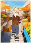  1boy absurdres animal_ears animal_hands blue_eyes cat_boy cat_tail commentary english_commentary furry furry_male highres market n16_furry shirt shopping slippers tail 